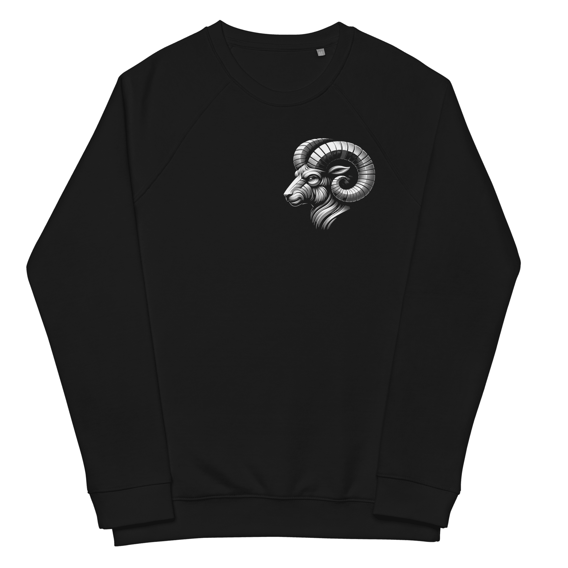 Black sweatshirt featuring a minimalist Aries ram graphic on the front, designed with intricate baroque elements, showcasing Deadpan Couture's edgy streetwear style.