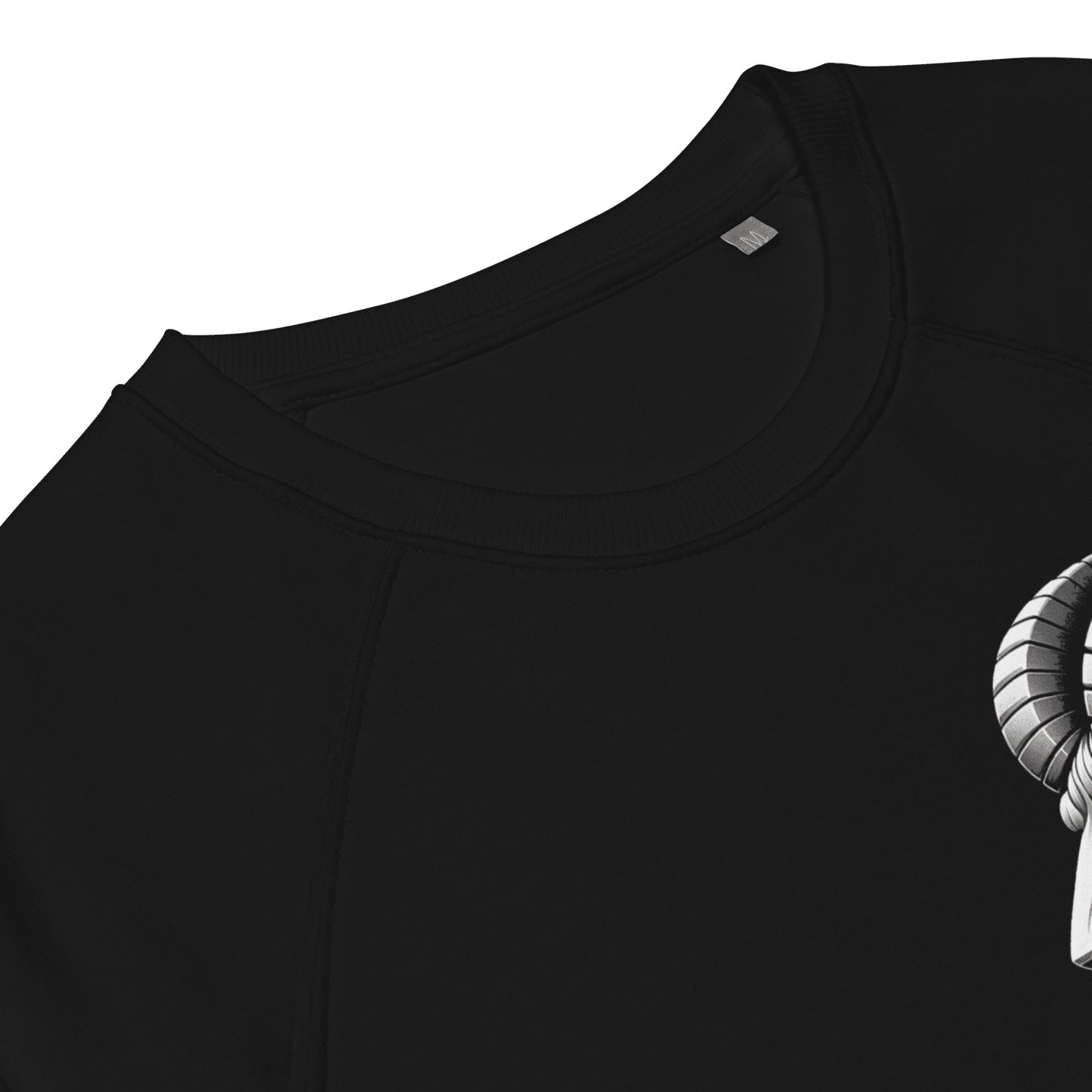 Black sweatshirt featuring a detailed Aries ram graphic on the back, surrounded by the defining traits of the Aries zodiac sign, showcasing Deadpan Couture's edgy streetwear style.