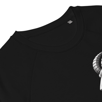 Black sweatshirt featuring a detailed Aries ram graphic on the back, surrounded by the defining traits of the Aries zodiac sign, showcasing Deadpan Couture's edgy streetwear style.