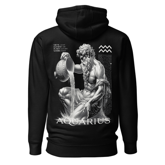 Black unisex hoodie featuring a large Water Bearer graphic with astrological symbols, representing the Aquarius zodiac sign.