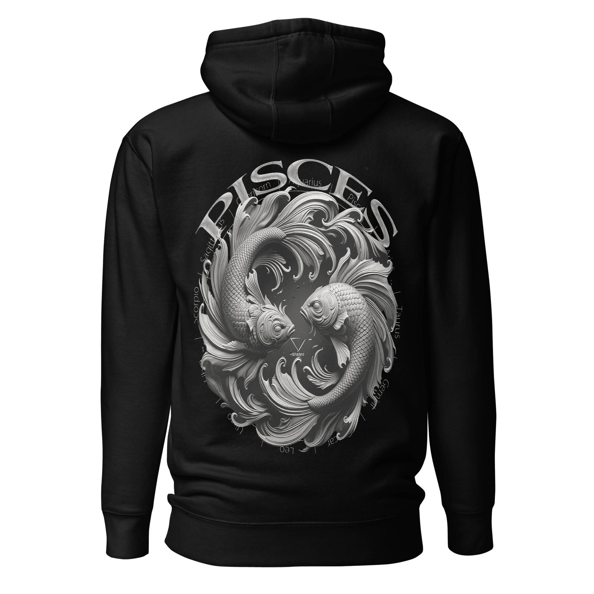 Black unisex hoodie featuring a detailed graphic of Lady Justice holding scales, representing the Libra zodiac sign.