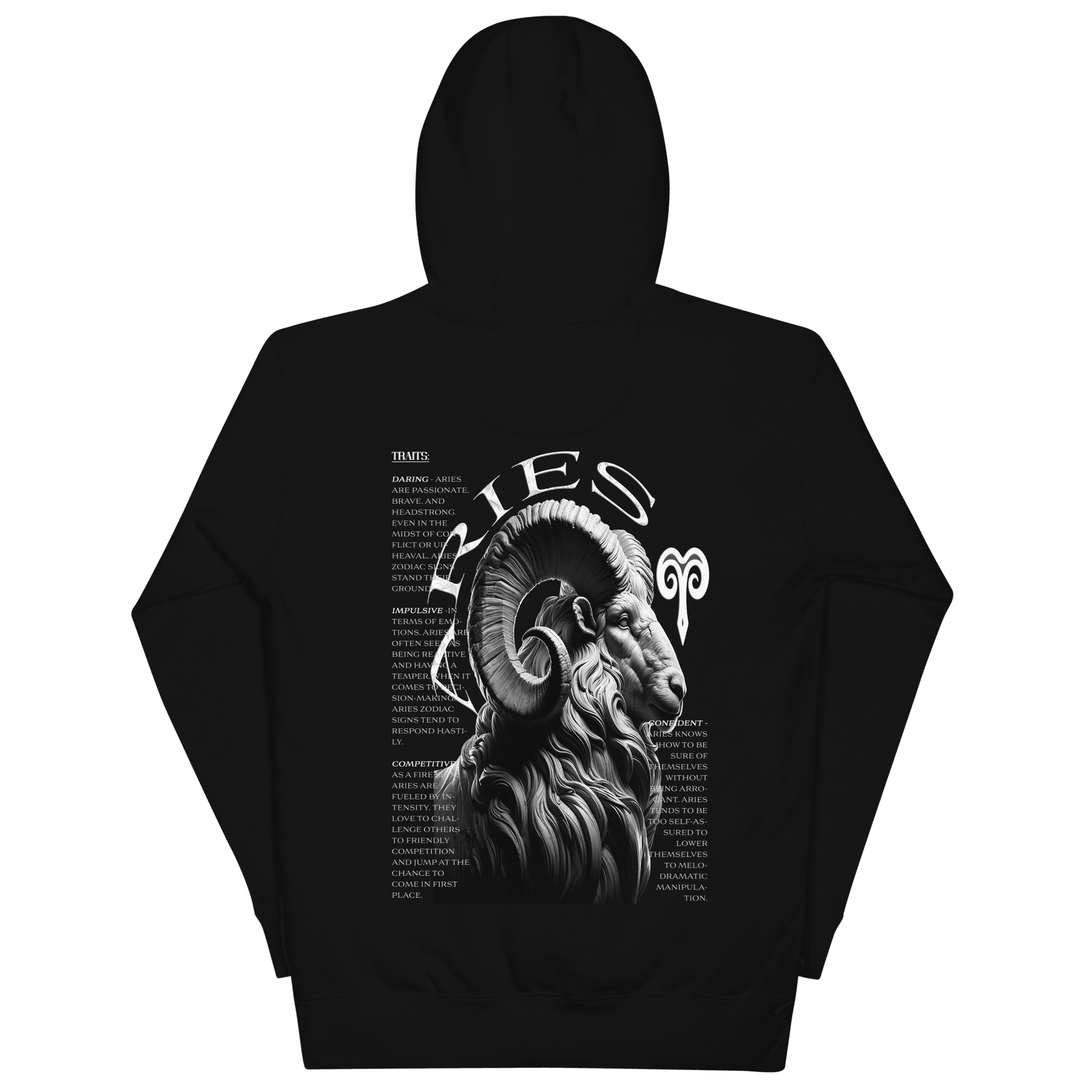 Black hoodie featuring a detailed Aries ram graphic on the back, surrounded by the defining traits of the Aries zodiac sign, showcasing Deadpan Couture's edgy streetwear style.