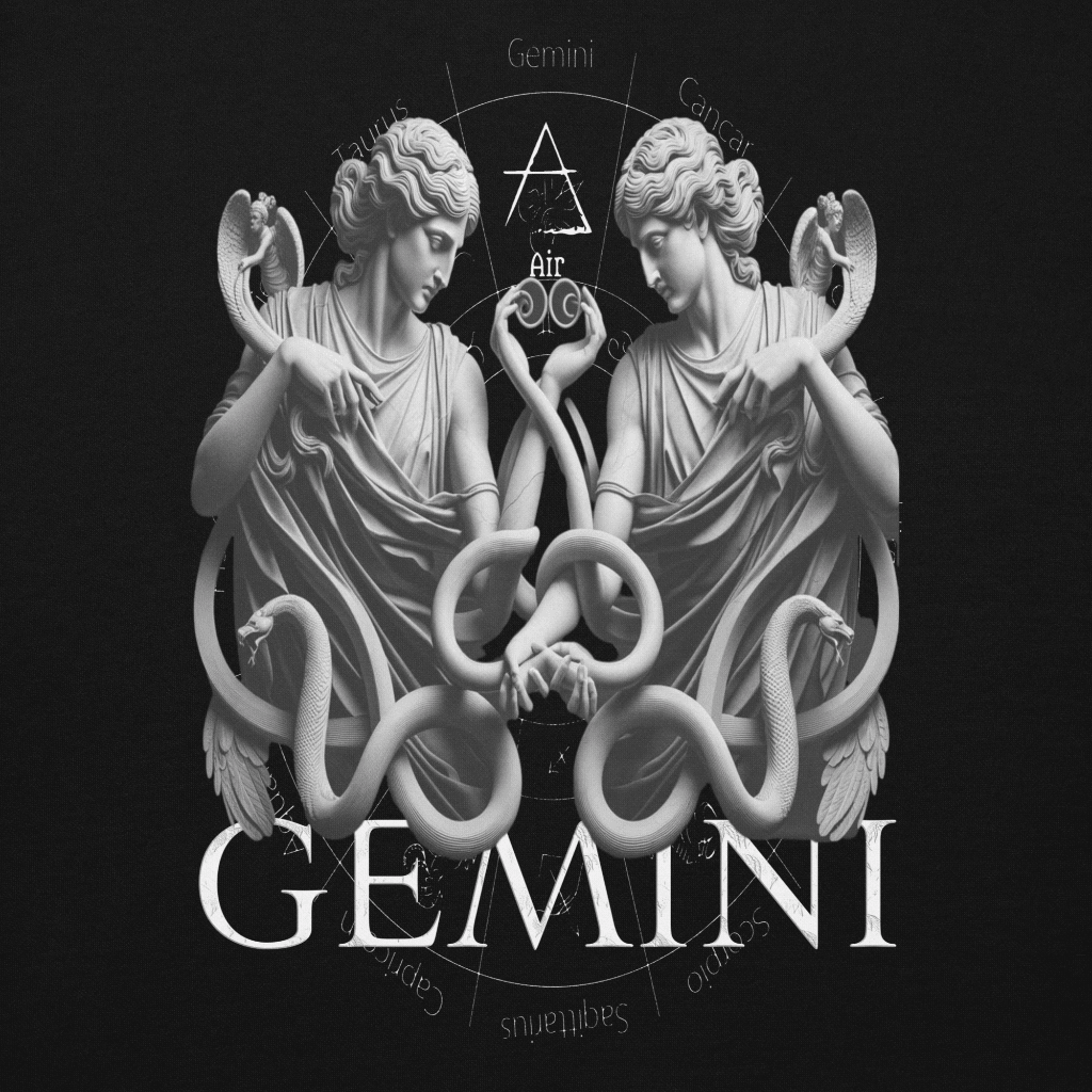 A black unisex premium hoodie with a striking Gemini zodiac design on the back, featuring twin figures and intricate details.