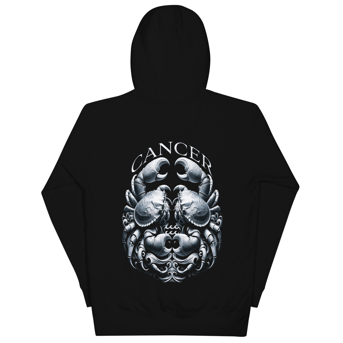 Back view of a black unisex premium hoodie from Deadpan Couture featuring a bold and intricate Cancer zodiac sign design with a meticulously crafted crab.