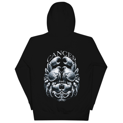 Back view of a black unisex premium hoodie from Deadpan Couture featuring a bold and intricate Cancer zodiac sign design with a meticulously crafted crab.