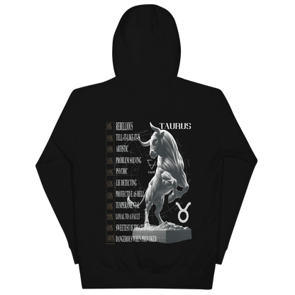 Back view of a black unisex premium hoodie featuring a detailed Taurus bull graphic standing on a pedestal. Surrounding the bull are various Taurus traits such as "Rebellious," "Artistic," and "Loyal to a Fault," with the Taurus zodiac symbol and the word "Taurus" prominently displayed.