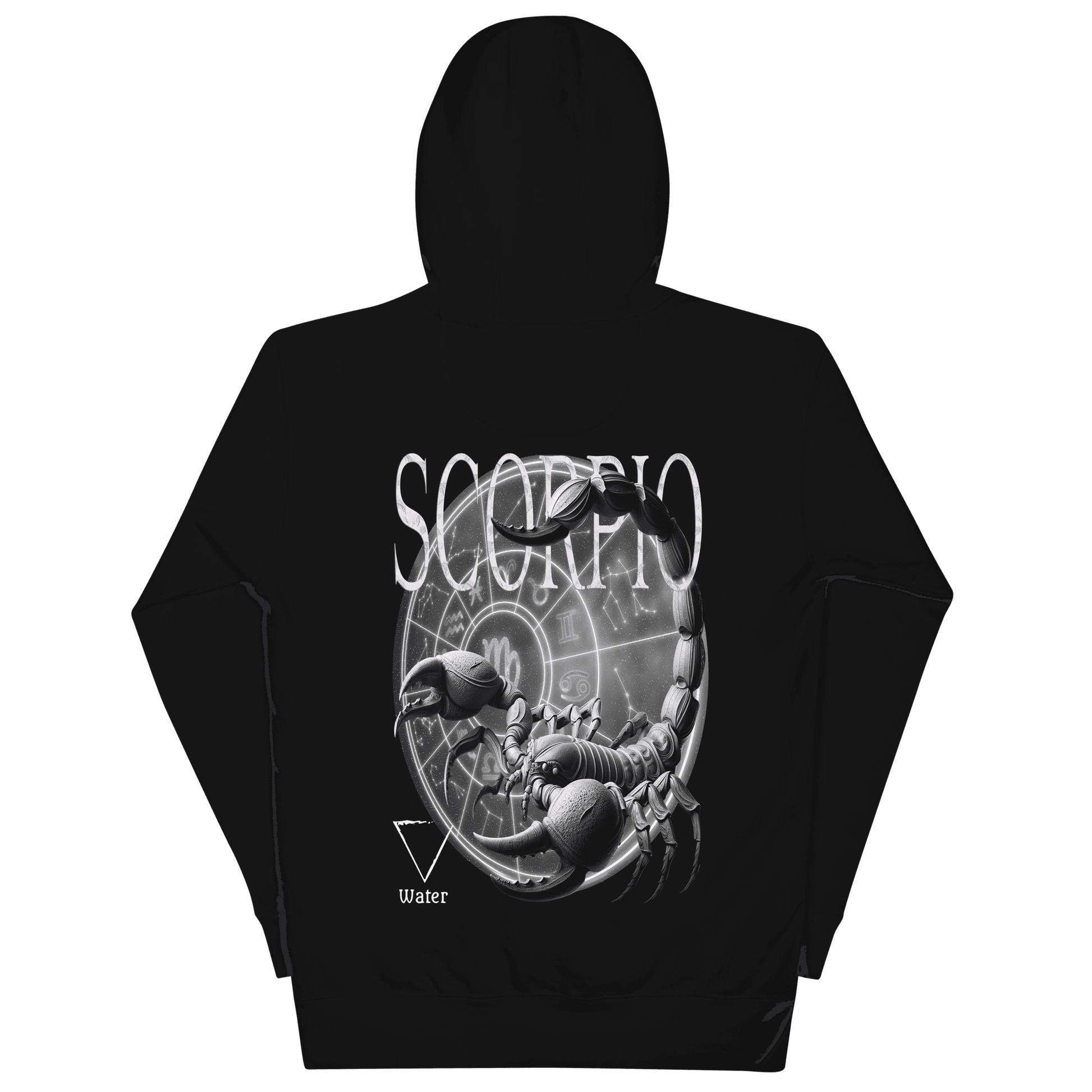 Black unisex hoodie featuring a large scorpion graphic with astrological symbols on the back.