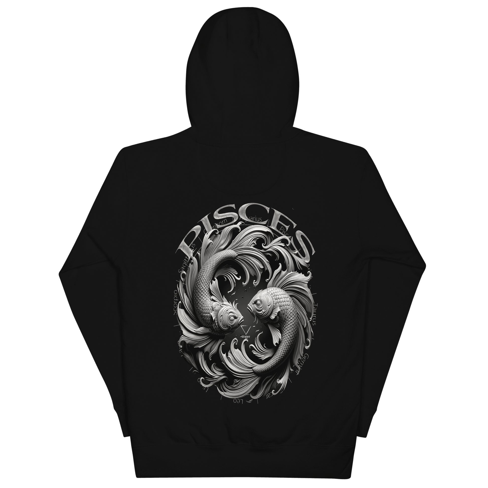 Black unisex hoodie featuring a large Pisces fish graphic with astrological symbols on the back.