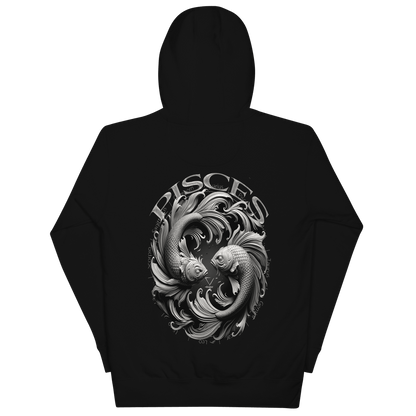 Black unisex hoodie featuring a large Pisces fish graphic with astrological symbols on the back.