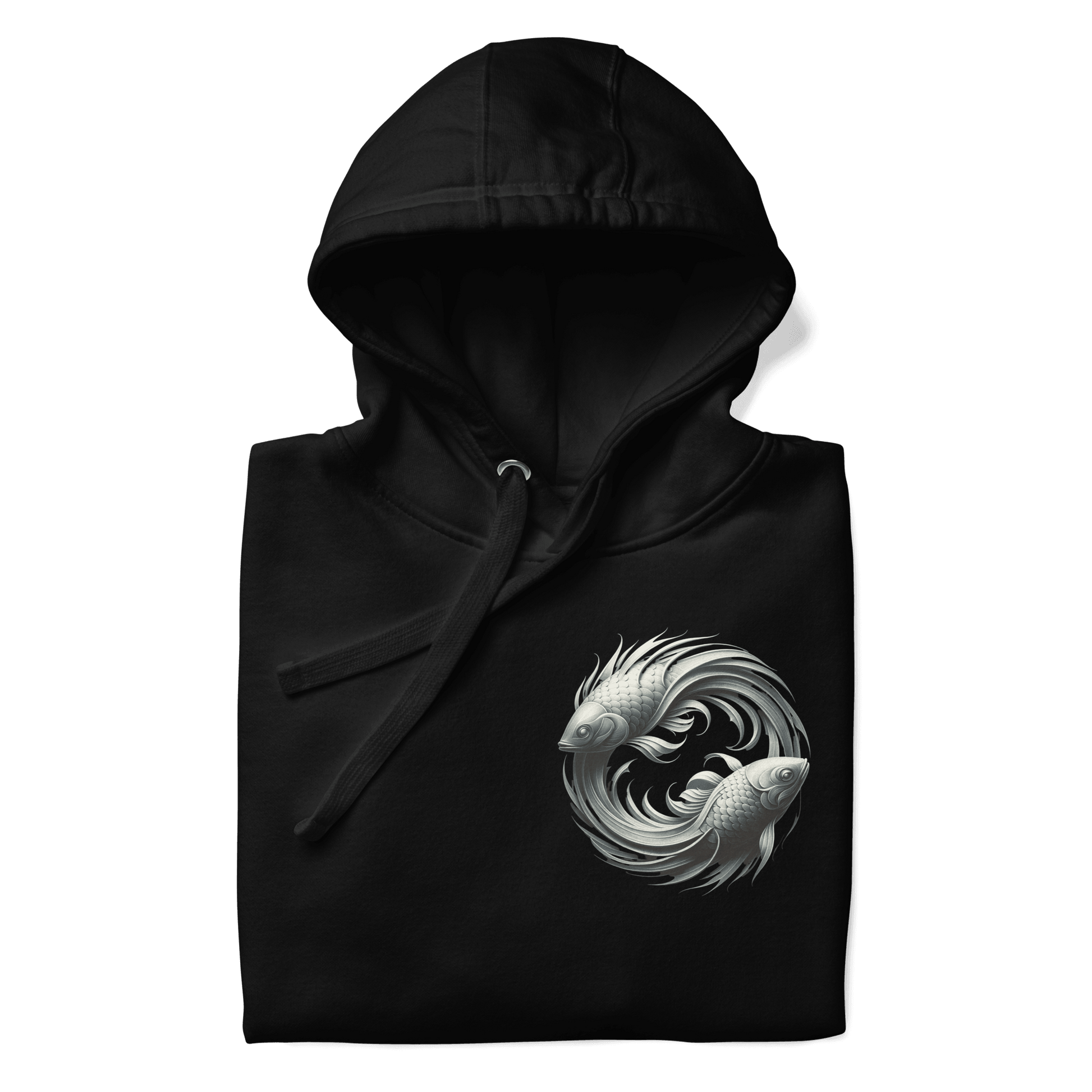 A folded black Deadpan Couture hoodie showcasing the left chest area design. The front features a small, intricate graphic of two stylized fish swimming in a circular pattern, representing the Pisces zodiac sign. The monochrome design is detailed and stands out against the dark fabric.