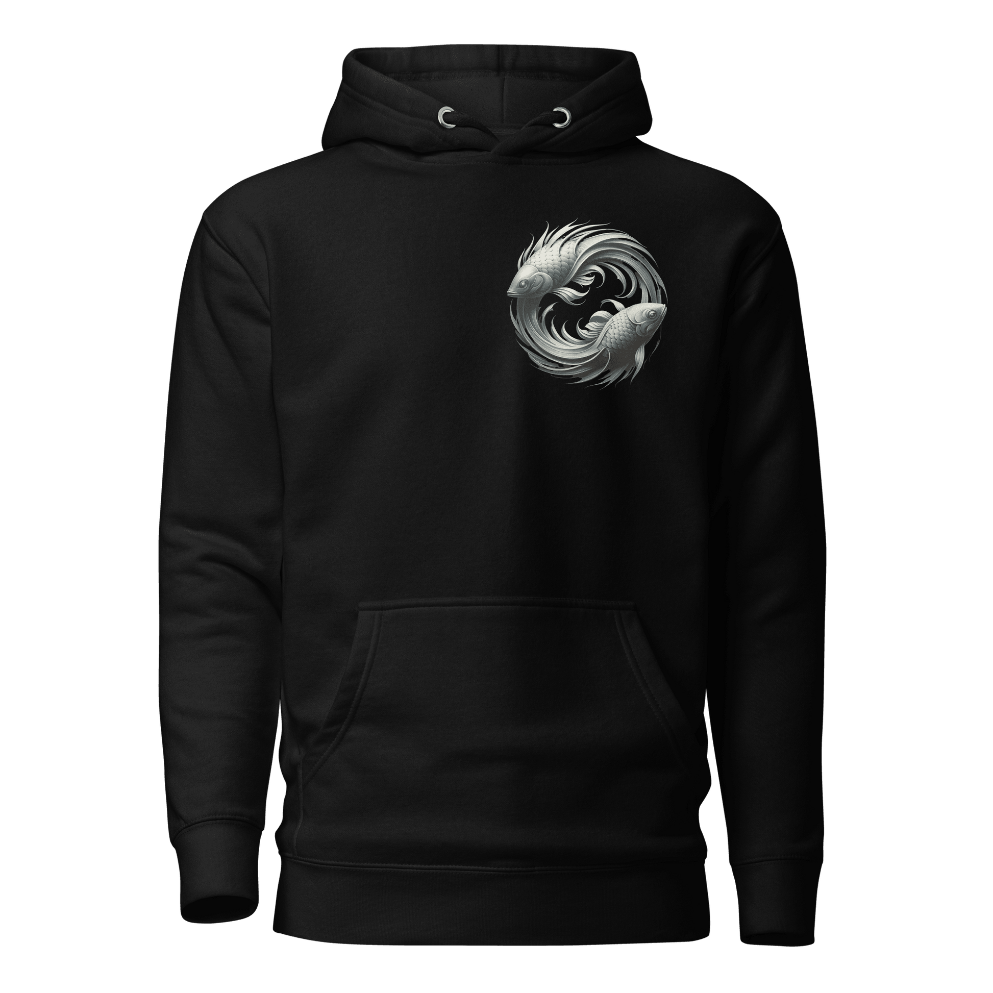 A black Deadpan Couture hoodie featuring a detailed design on the left chest area. The graphic displays an ornate set of scales, symbolizing the Libra zodiac sign. The intricate, monochrome design contrasts with the black fabric, adding a subtle yet impactful element to the hoodie.