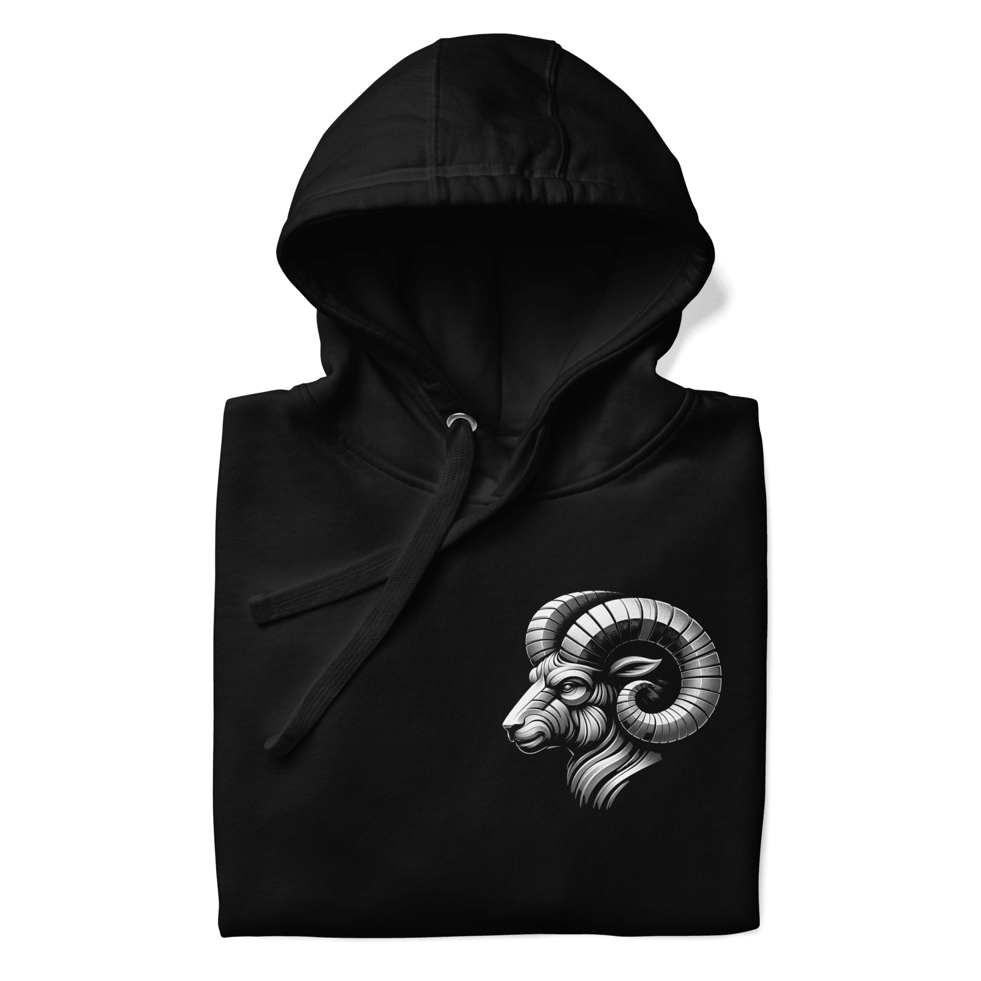 Black hoodie featuring a minimalist Aries ram graphic on the left chest, designed with intricate baroque elements, showcasing Deadpan Couture's edgy streetwear style.