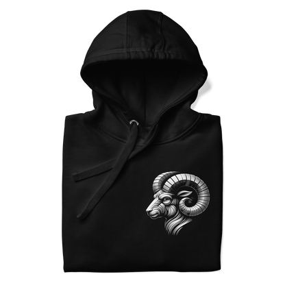 Black hoodie featuring a minimalist Aries ram graphic on the left chest, designed with intricate baroque elements, showcasing Deadpan Couture's edgy streetwear style.