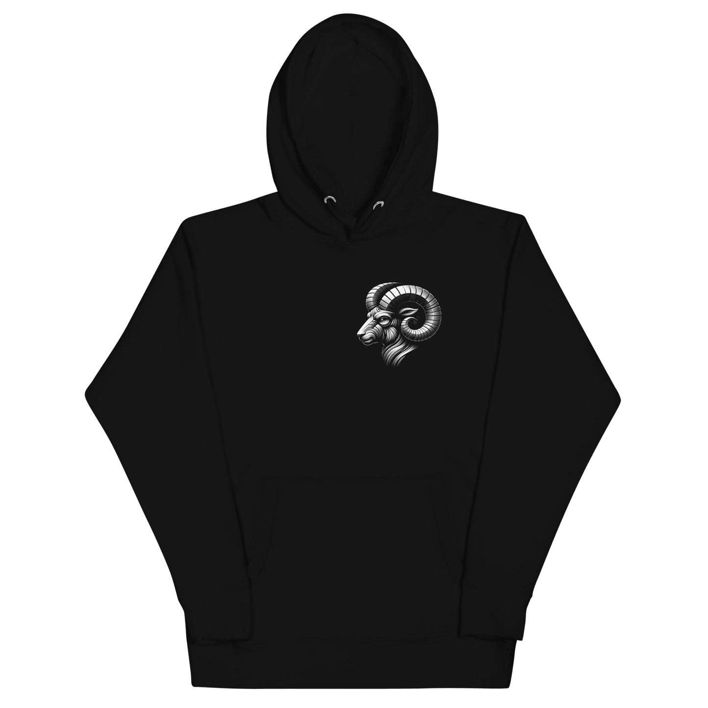 Black hoodie featuring a minimalist Aries ram graphic on the left chest, designed with intricate baroque elements, showcasing Deadpan Couture's edgy streetwear style.