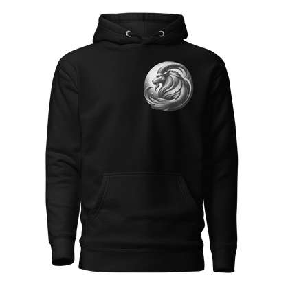 Unisex black premium hoodie with a minimalist Capricorn emblem on the front, featuring a detailed illustration of the mythical sea-goat on the back.