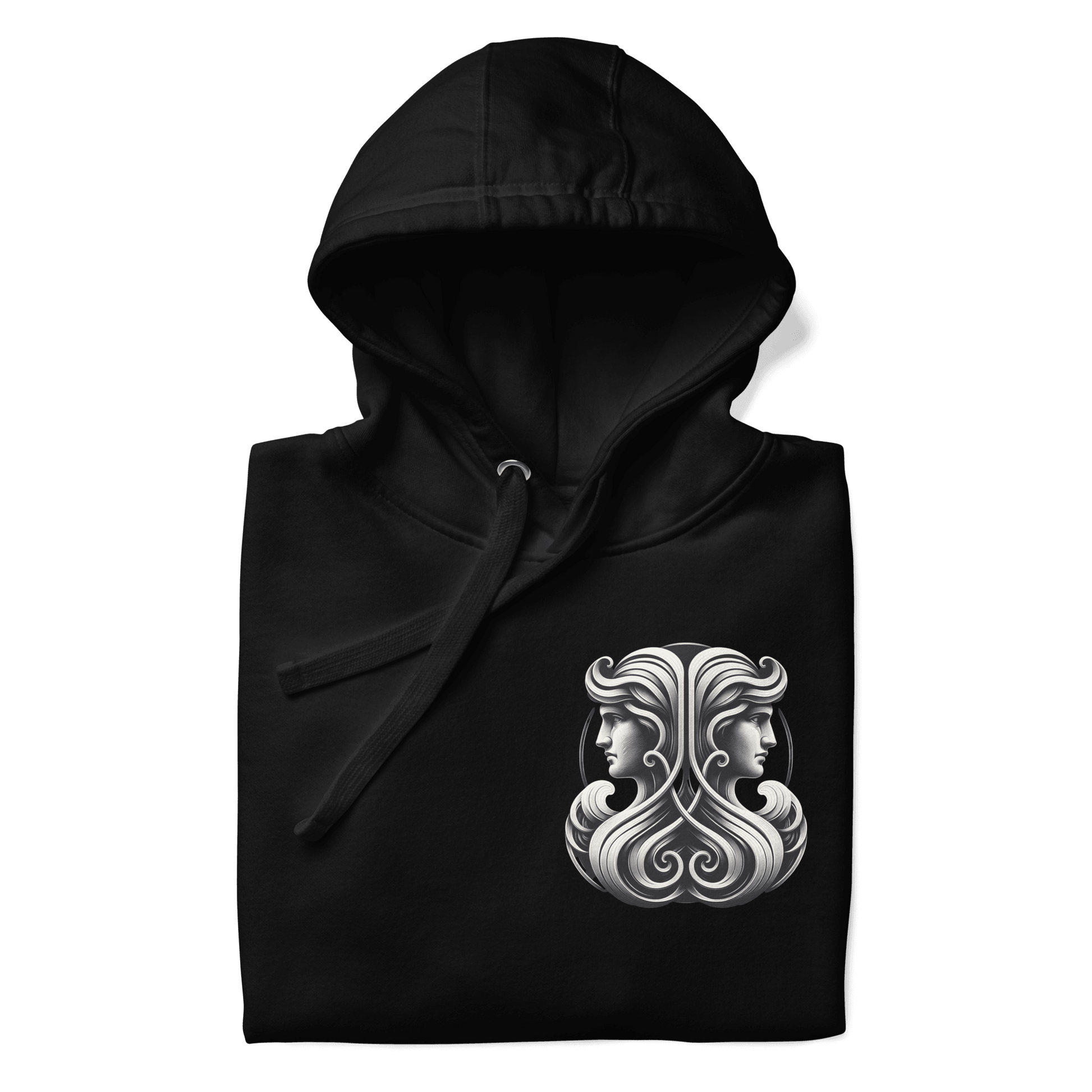 A black unisex premium hoodie featuring an elegant Gemini zodiac design on the front, with twin figures and intricate details.