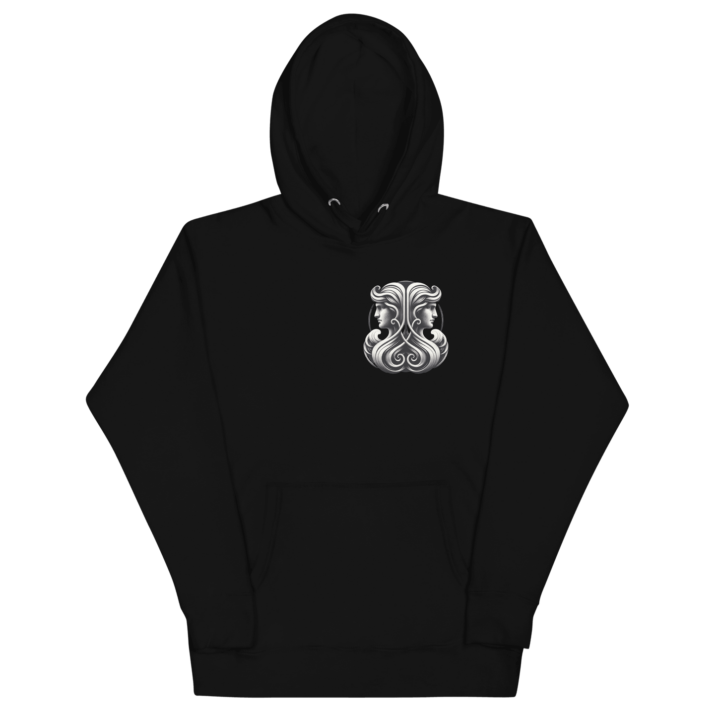 A black unisex premium hoodie featuring an elegant Gemini zodiac design on the front, with twin figures and intricate details.