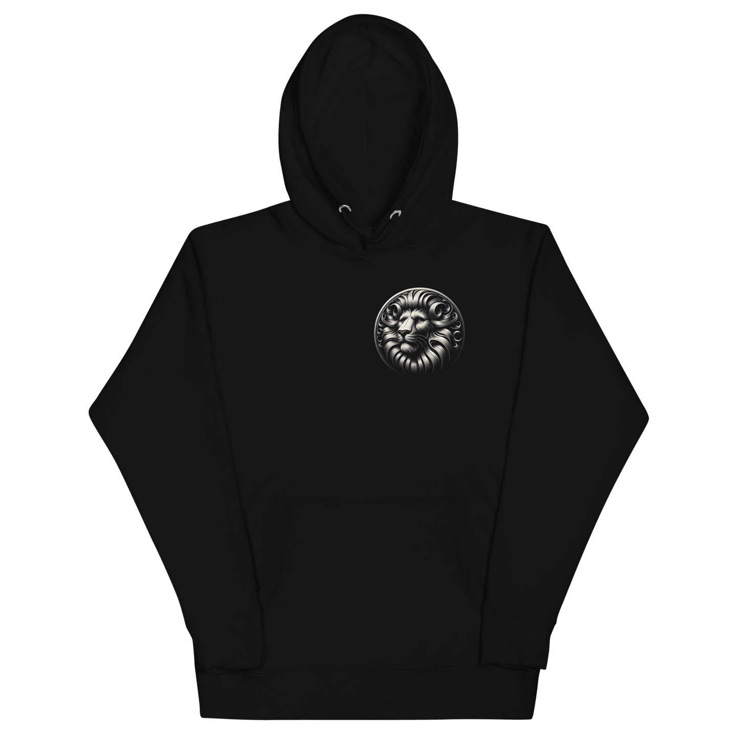 ront view of Deadpan Couture Leo Collection Premium Hoodie featuring a minimalist lion emblem.