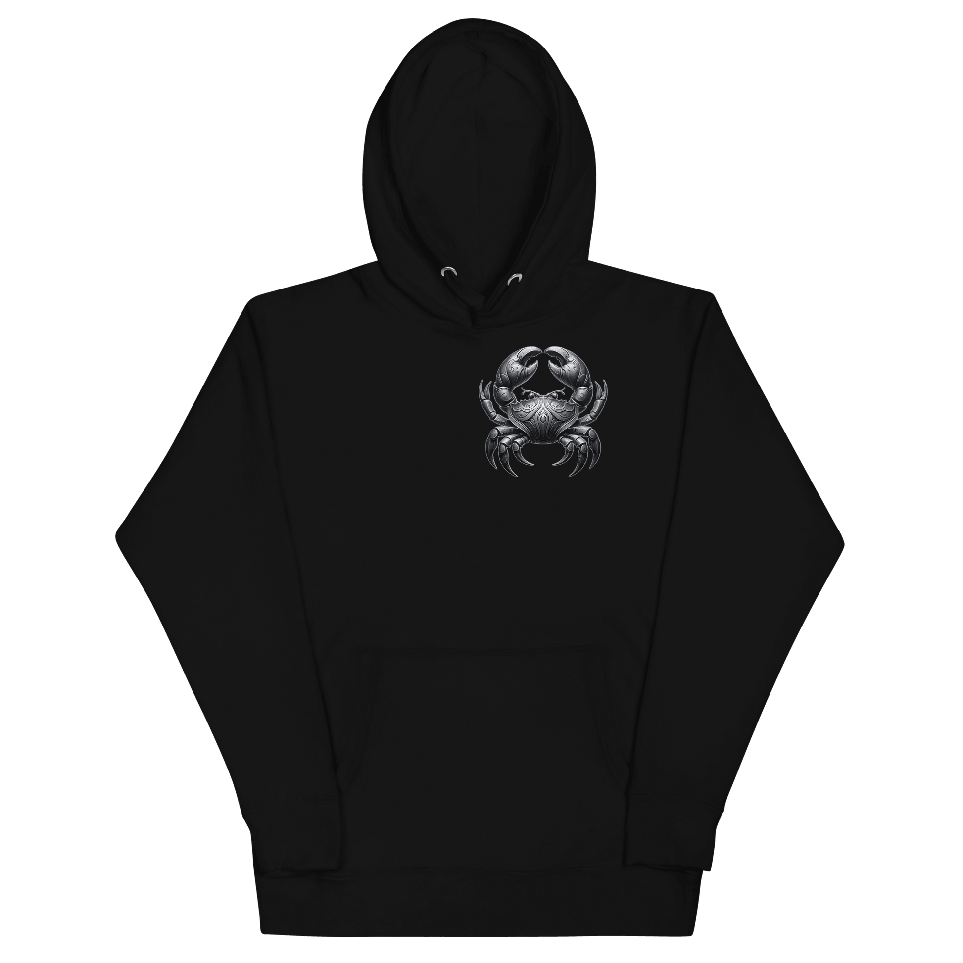 Front view of a black unisex premium hoodie from Deadpan Couture featuring a small detailed Cancer zodiac crab design on the chest.