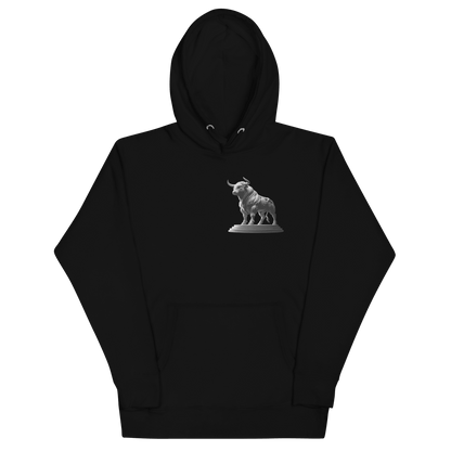 Front view of Deadpan Couture Taurus Hoodie in black with a 3D Taurus bull graphic on the chest.