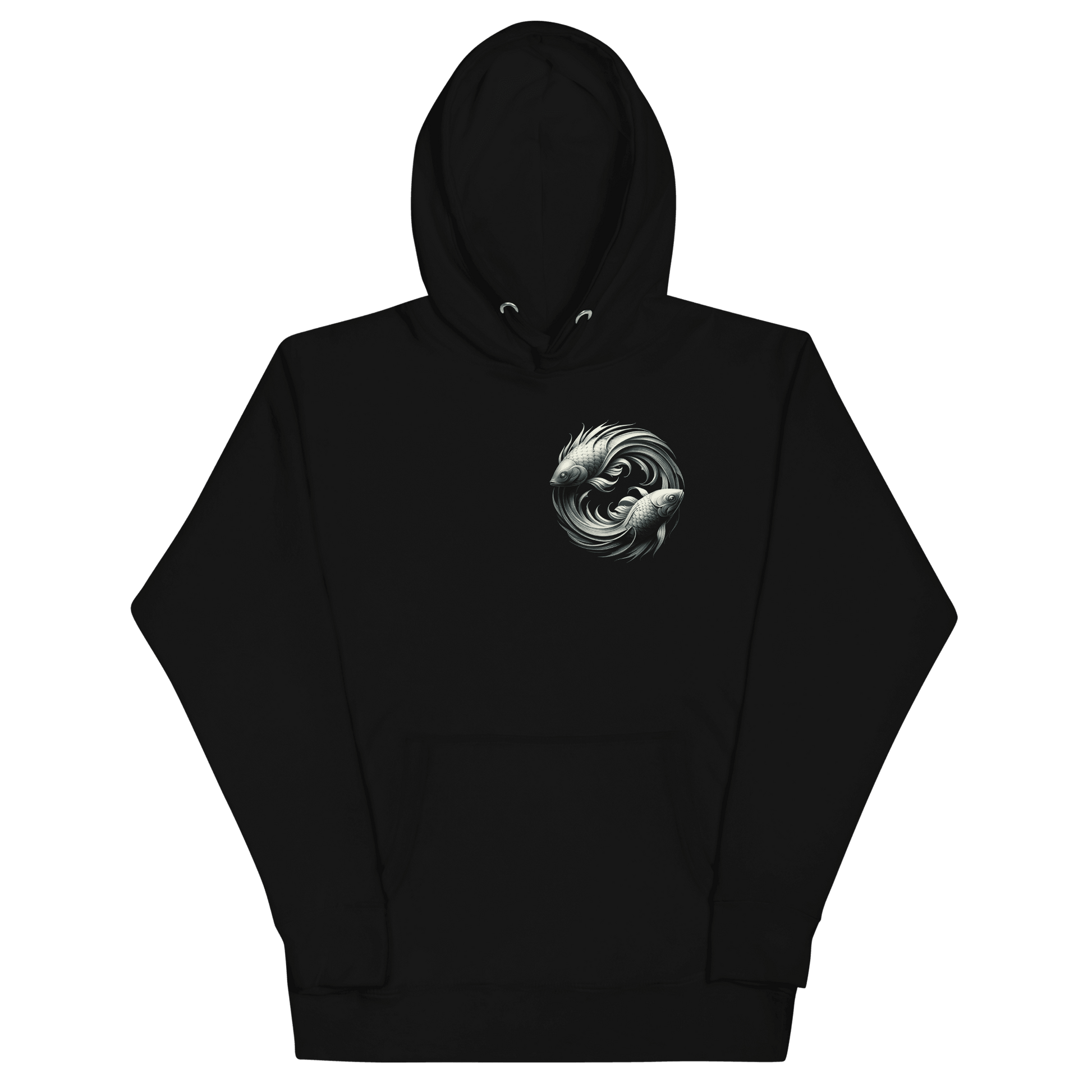 The front view of a black Deadpan Couture hoodie showcasing a small, detailed design on the left chest area. The design features two stylized fish swimming in a circular motion, symbolizing the Pisces zodiac sign. The intricate, monochrome fish graphic contrasts sharply with the black fabric, adding a subtle yet striking visual element to the hoodie.