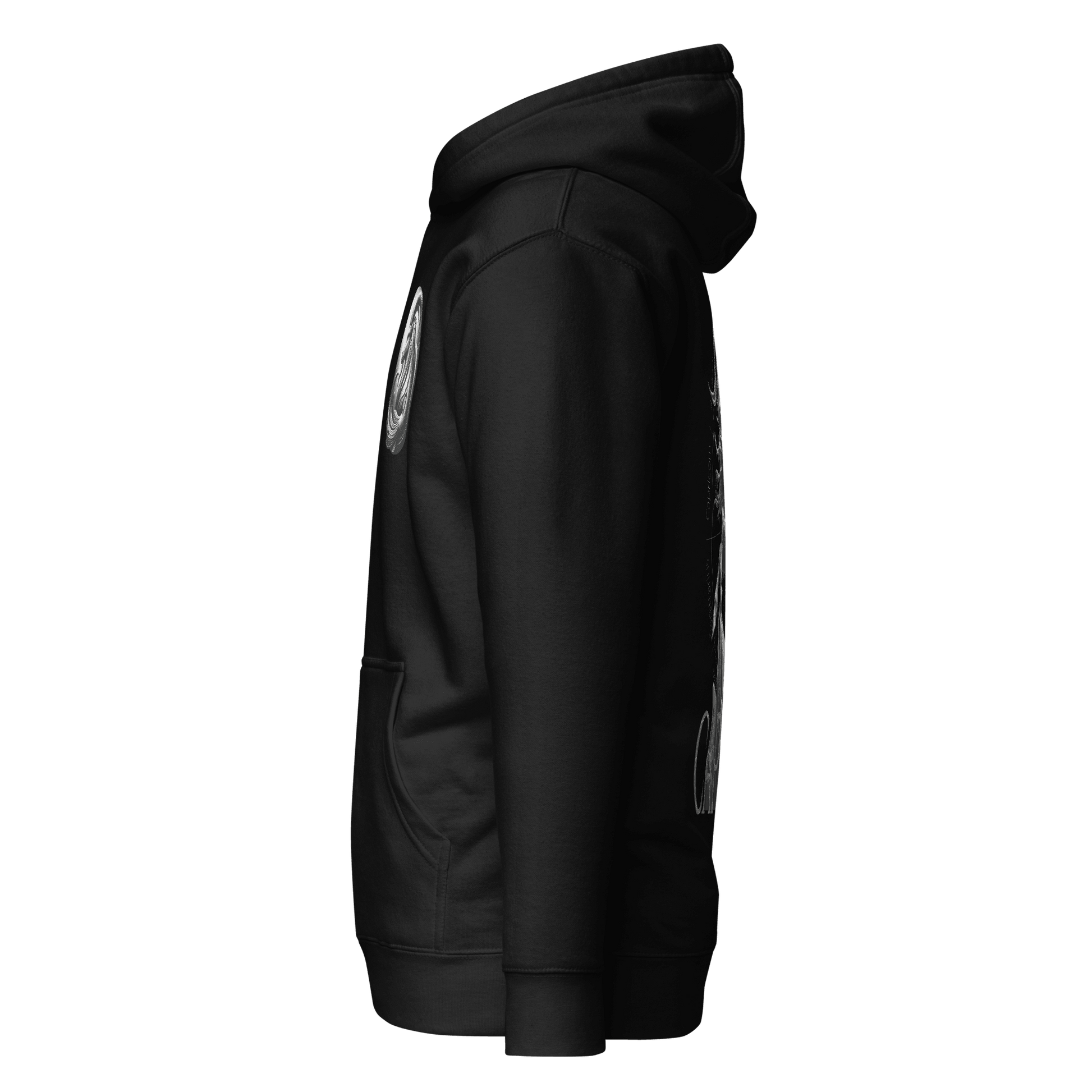 Side view of Deadpan Couture Unisex Premium Hoodie showcasing the detailed Capricorn emblem on the front, with a sleek black finish and comfortable fit.