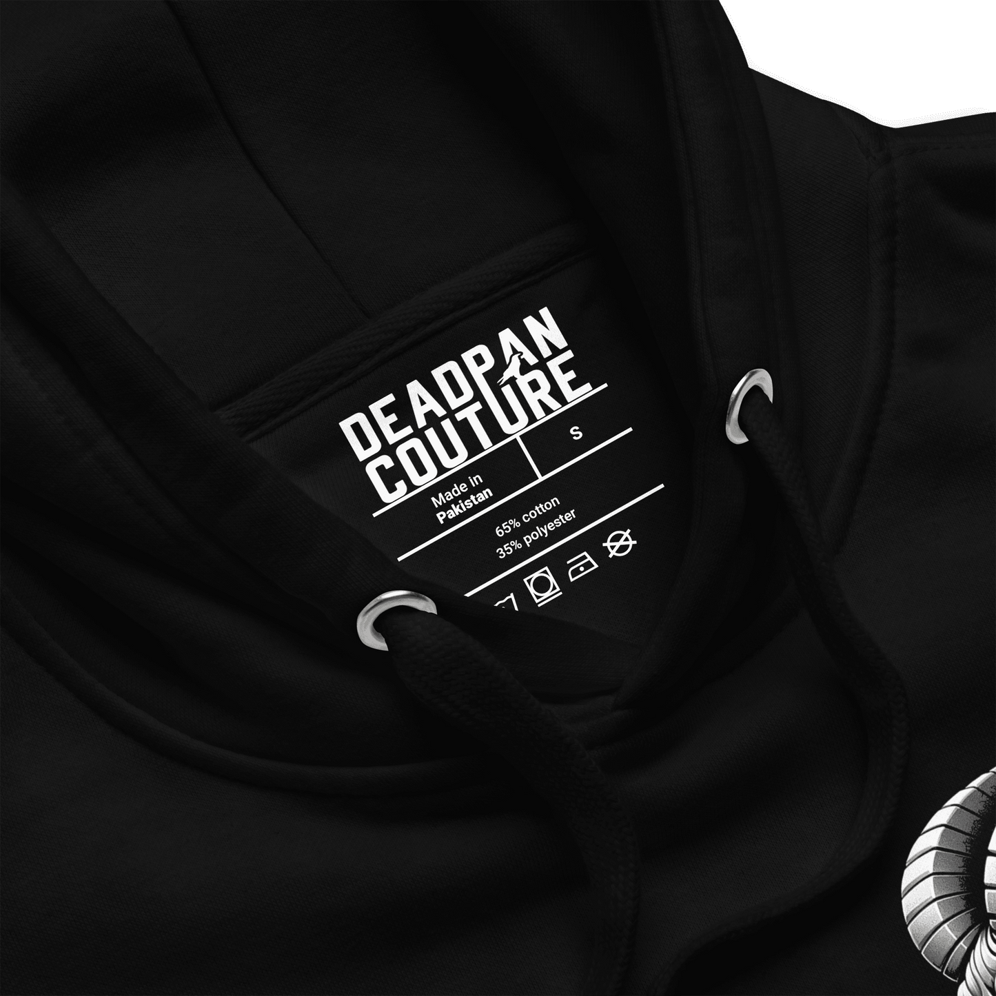 Black hoodie featuring a minimalist Aries ram graphic on the left chest, designed with intricate baroque elements, showcasing Deadpan Couture's edgy streetwear style.