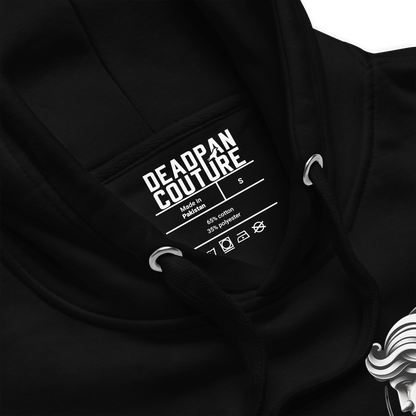 A black unisex premium hoodie featuring an elegant Gemini zodiac design on the front, with twin figures and intricate details.