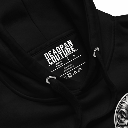 Close-up of Deadpan Couture label inside the Leo Collection Premium Hoodie.