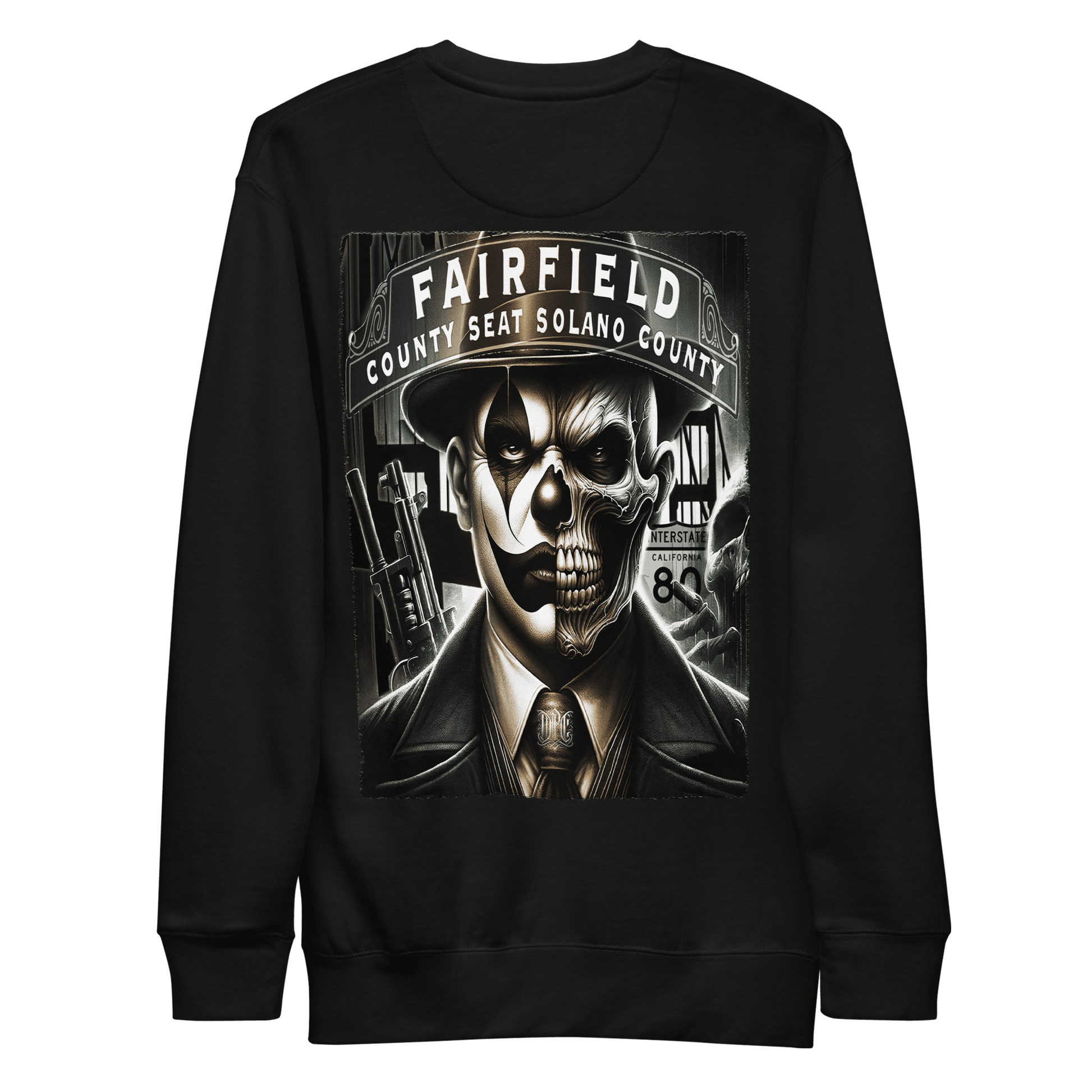 Black sweatshirt featuring a detailed graphic on the back of a skull-faced figure in a suit, titled "Fairfield County Seat Solano County," showcasing Deadpan Couture's edgy streetwear style.