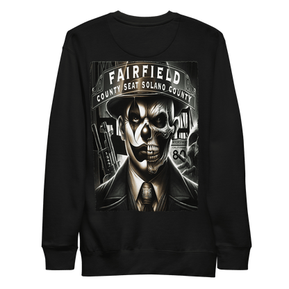 Black sweatshirt featuring a detailed graphic on the back of a skull-faced figure in a suit, titled "Fairfield County Seat Solano County," showcasing Deadpan Couture's edgy streetwear style.