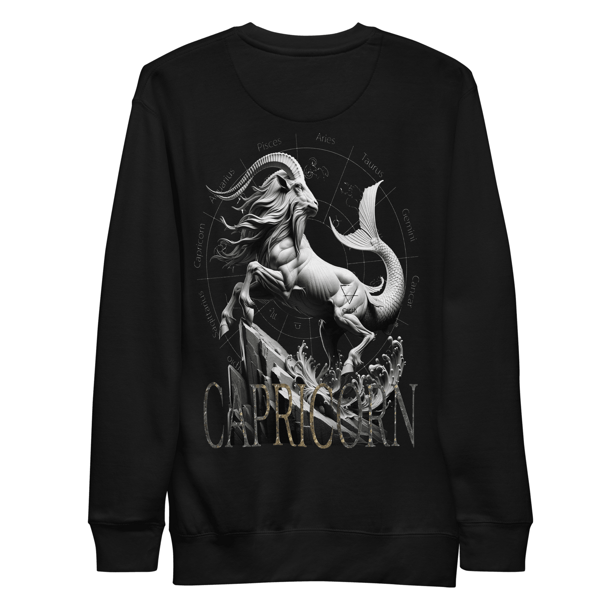 Black sweatshirt highlighting a powerful Capricorn design with zodiac symbols.