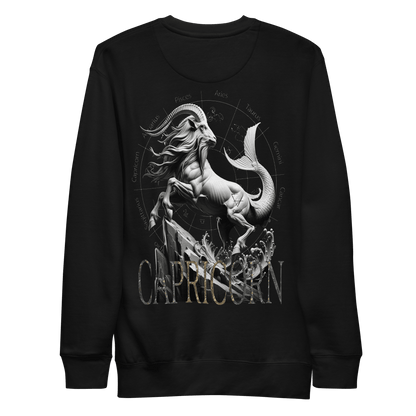 Black sweatshirt highlighting a powerful Capricorn design with zodiac symbols.