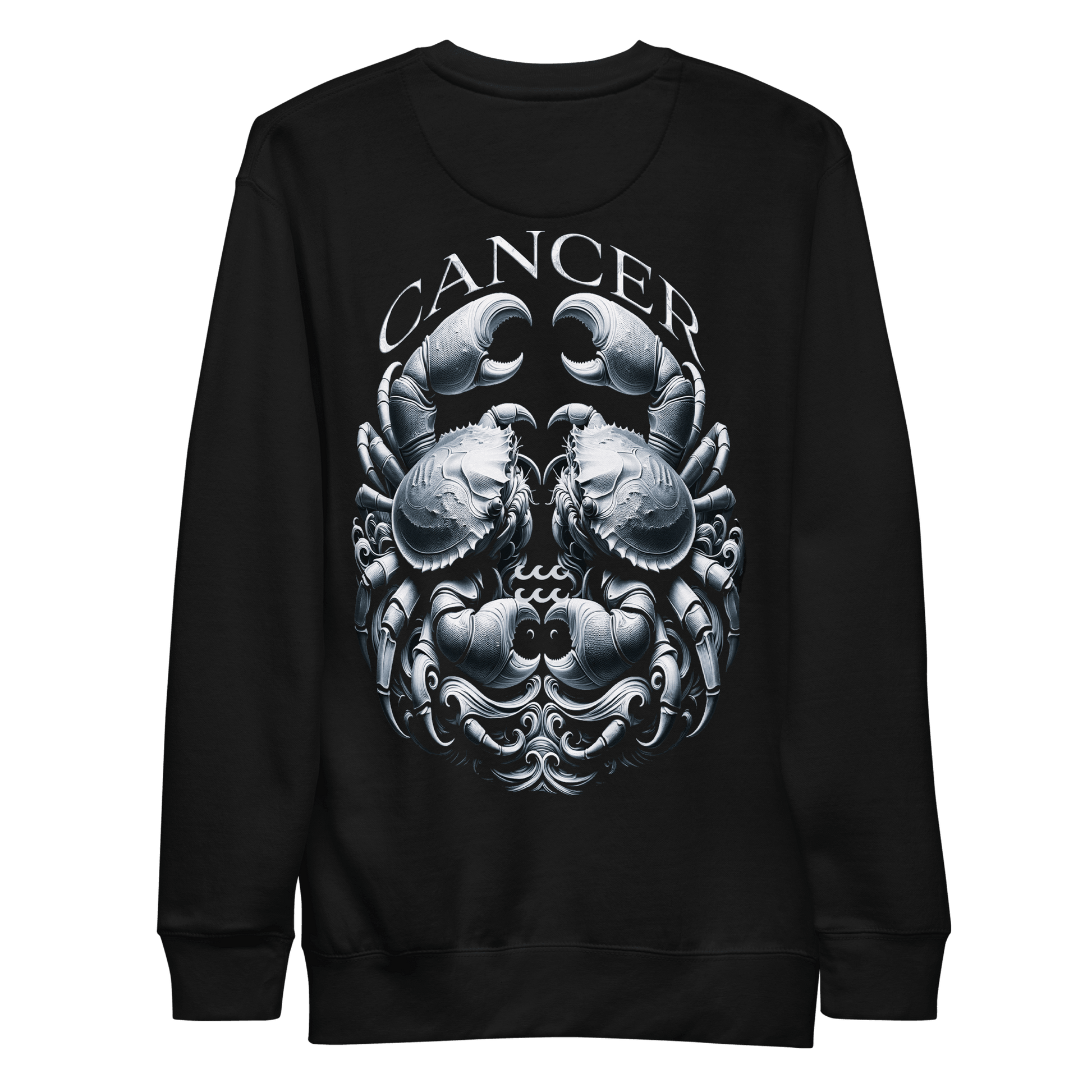 Back view of a black unisex premium sweatshirt from Deadpan Couture featuring a bold and detailed Cancer zodiac sign design with a pair of intricately crafted crabs.