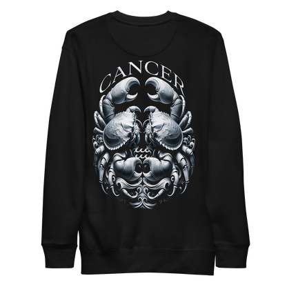 Back view of a black unisex premium sweatshirt from Deadpan Couture featuring a bold and detailed Cancer zodiac sign design with a pair of intricately crafted crabs.