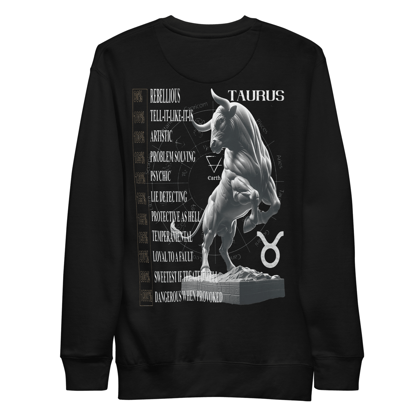 Black sweatshirt featuring a 3D bull statue graphic with Taurus traits listed vertically.