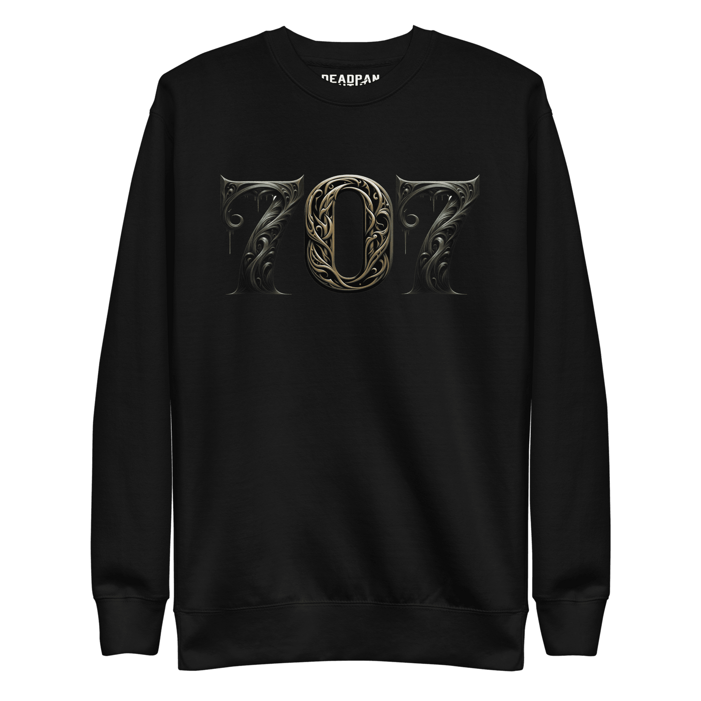 Black sweatshirt featuring a bold "707" graphic on the front, designed with intricate baroque elements, showcasing Deadpan Couture's edgy streetwear style.