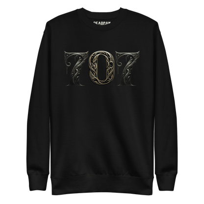 Black sweatshirt featuring a bold "707" graphic on the front, designed with intricate baroque elements, showcasing Deadpan Couture's edgy streetwear style.