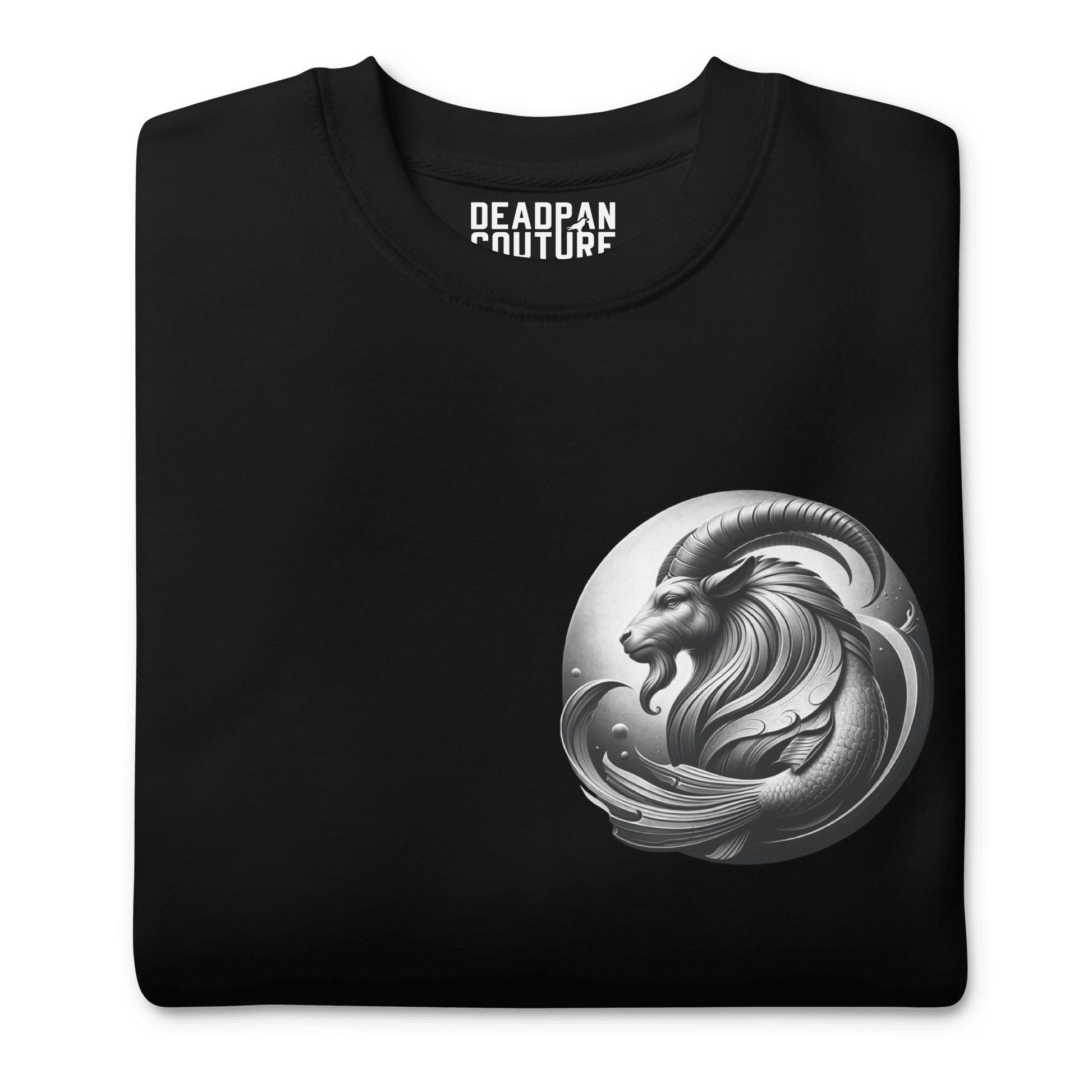 Black sweatshirt with a detailed Capricorn emblem on the front.