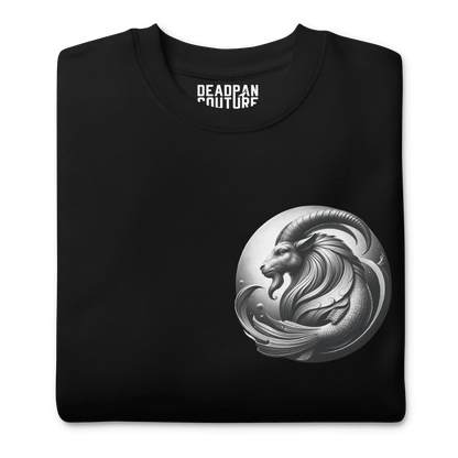 Black sweatshirt with a detailed Capricorn emblem on the front.