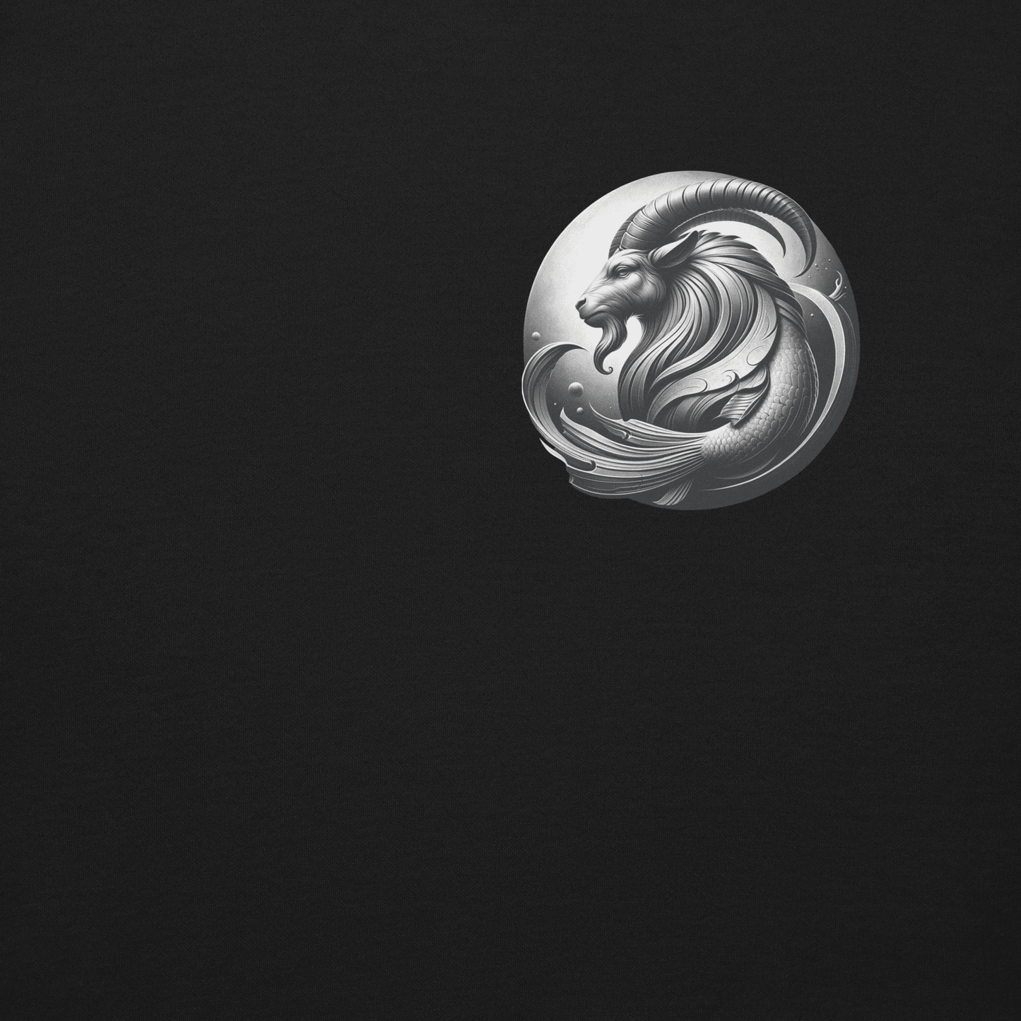 Black sweatshirt with a detailed Capricorn emblem on the front.