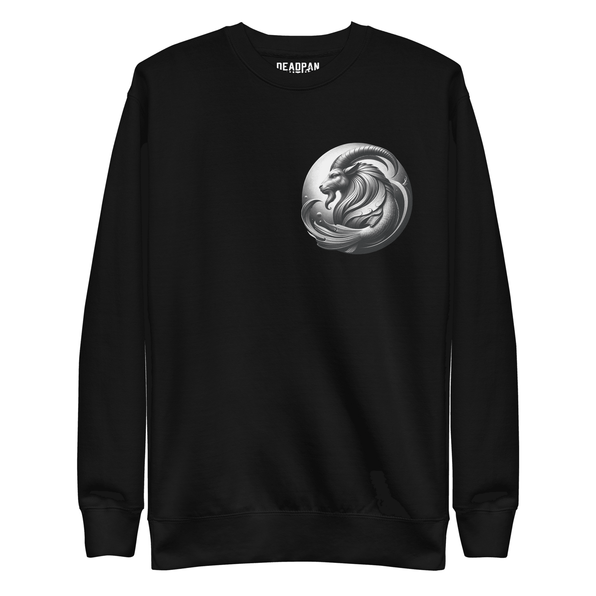 Black sweatshirt with a detailed Capricorn emblem on the front.