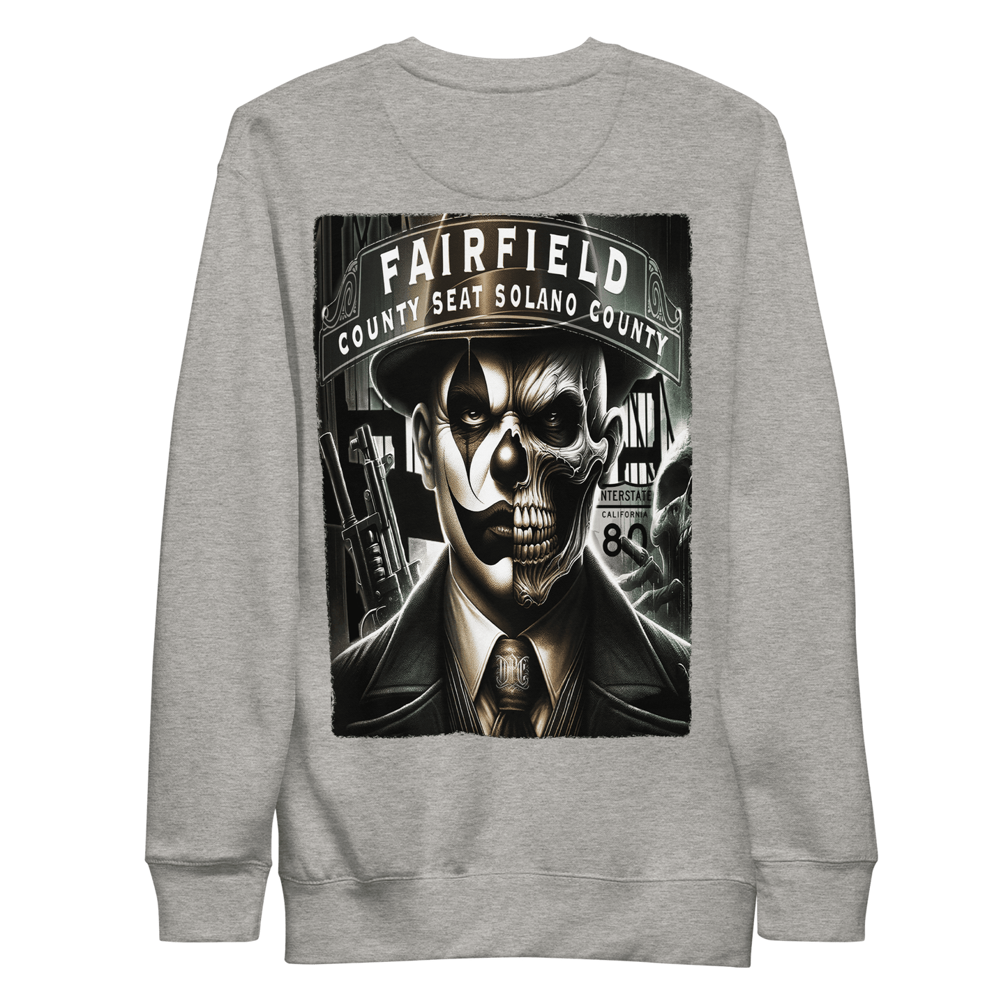 Grey sweatshirt featuring a detailed graphic on the back of a skull-faced figure in a suit, titled "Fairfield County Seat Solano County," showcasing Deadpan Couture's edgy streetwear style.