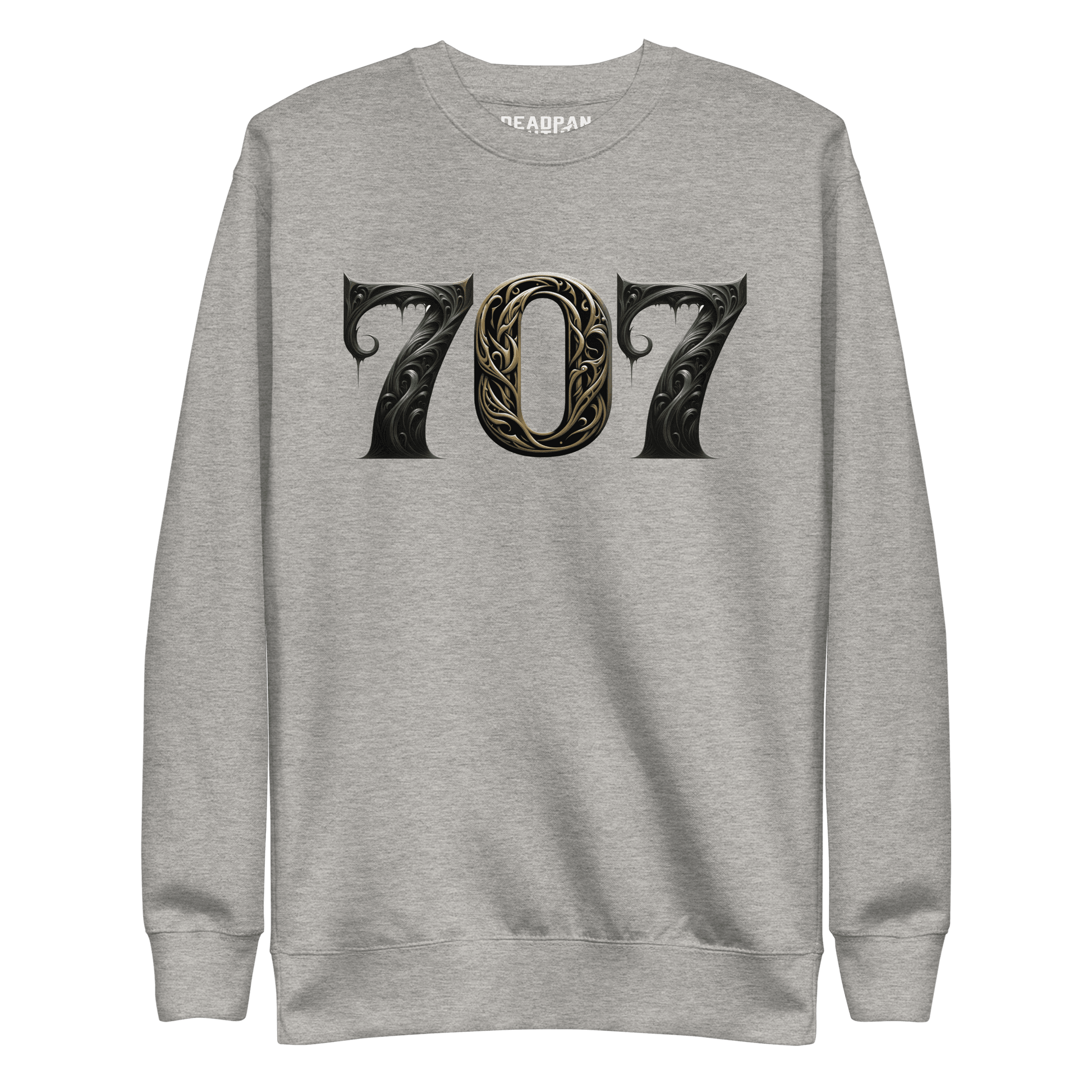 Grey sweatshirt featuring a bold "707" graphic on the front, designed with intricate baroque elements, showcasing Deadpan Couture's edgy streetwear style.