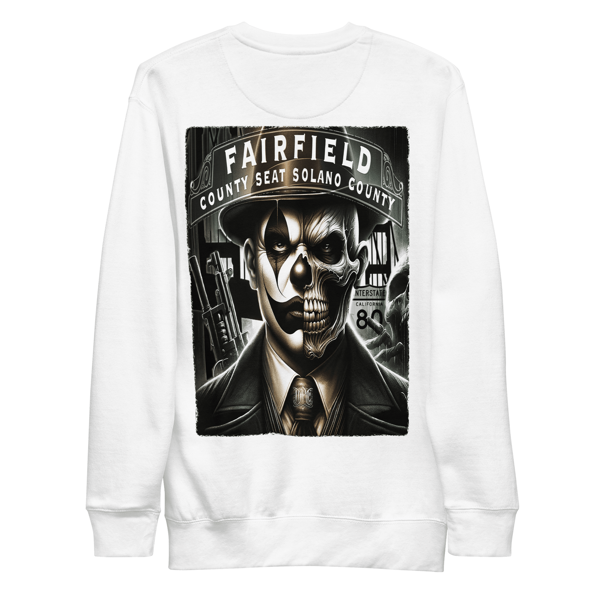 White sweatshirt featuring a detailed graphic on the back of a skull-faced figure in a suit, titled "Fairfield County Seat Solano County," showcasing Deadpan Couture's edgy streetwear style.