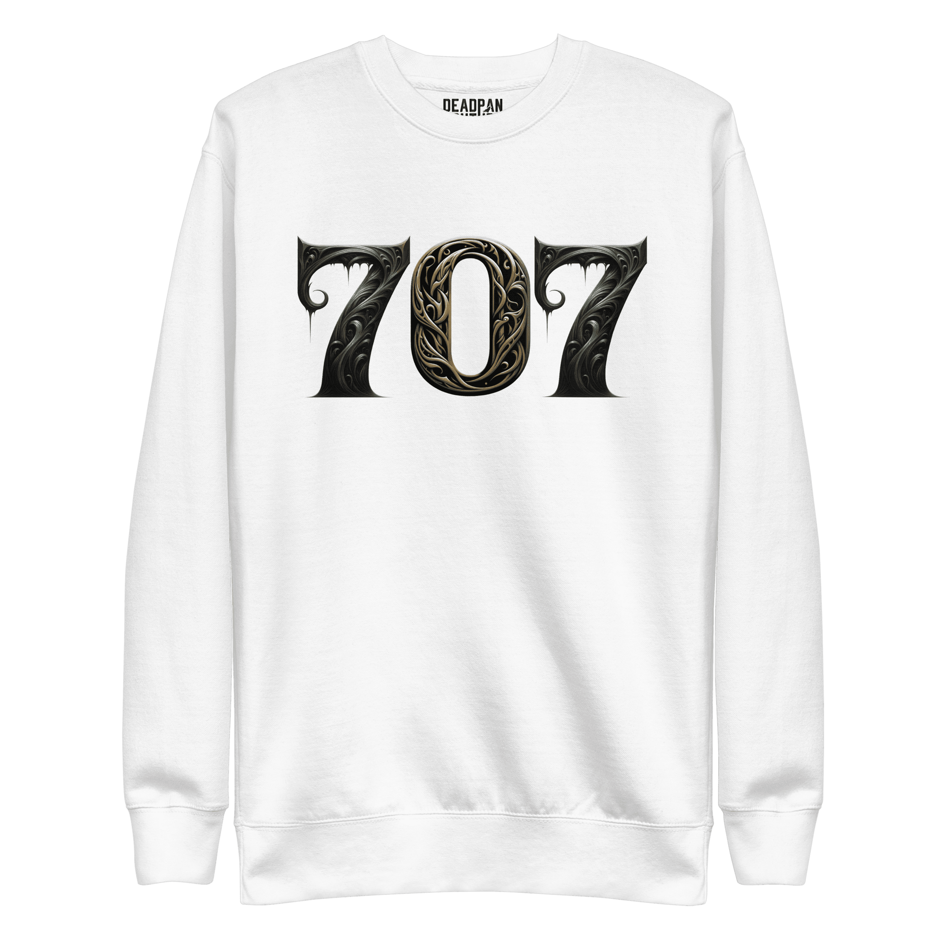 White sweatshirt featuring a bold "707" graphic on the front, designed with intricate baroque elements, showcasing Deadpan Couture's edgy streetwear style.