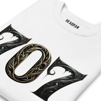 White sweatshirt featuring a bold "707" graphic on the front, designed with intricate baroque elements, showcasing Deadpan Couture's edgy streetwear style.