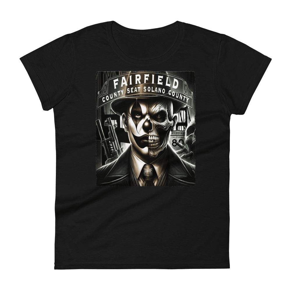 Black t-shirt with a bold graphic of a skull-faced figure in a suit, titled "Fairfield County Seat Solano County," showcasing Deadpan Couture's edgy streetwear style.