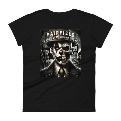 Black t-shirt with a bold graphic of a skull-faced figure in a suit, titled "Fairfield County Seat Solano County," showcasing Deadpan Couture's edgy streetwear style.