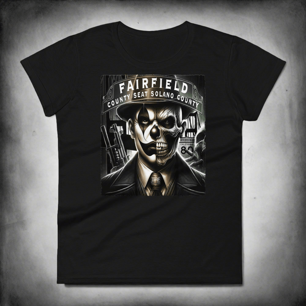 Black t-shirt with a bold graphic of a skull-faced figure in a suit, titled "Fairfield County Seat Solano County," showcasing Deadpan Couture's edgy streetwear style.